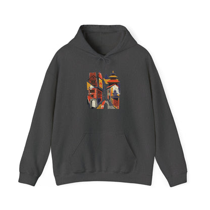 Cityscape Collage Hoodie — Colorful Urban Architecture Graphic Hoodie