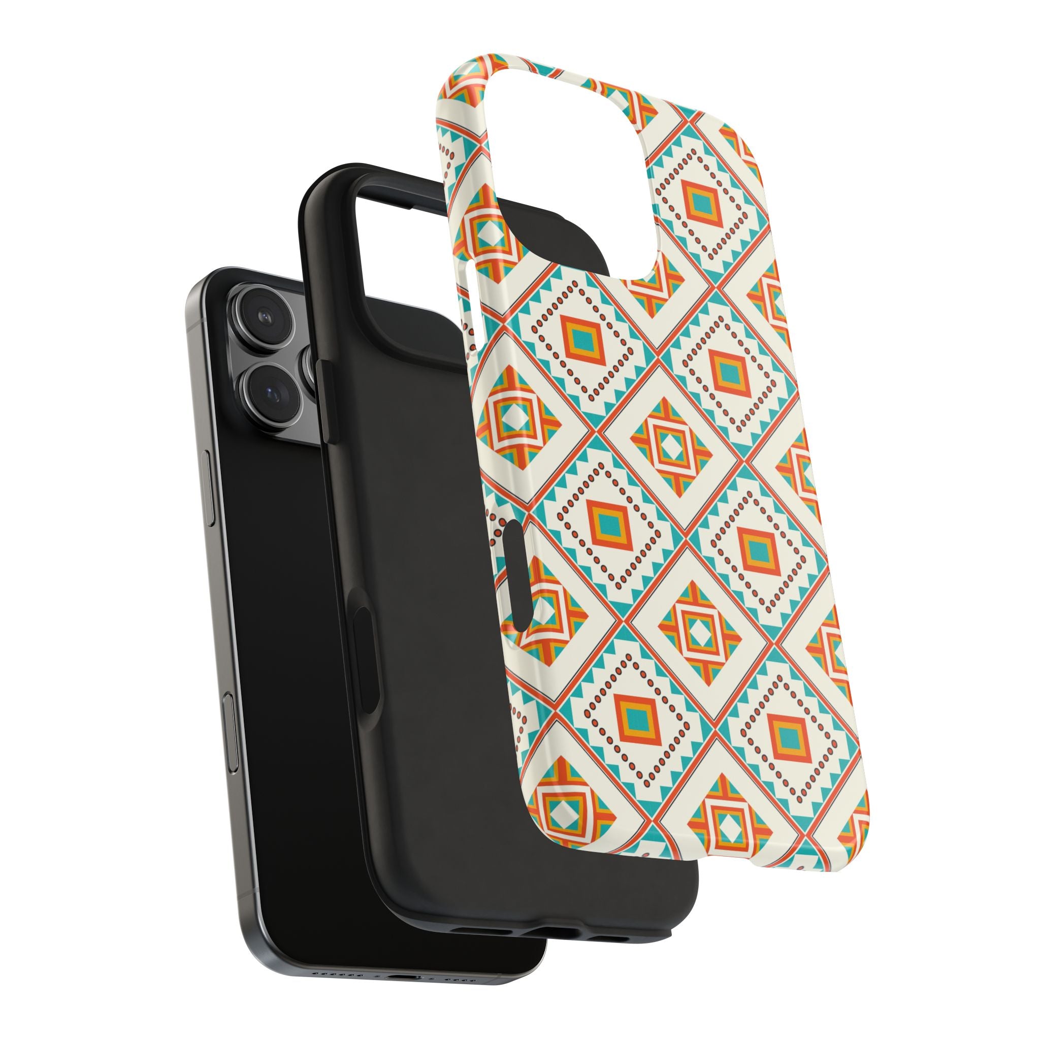 Tough Phone Case — Geometric Retro Tile Pattern, Orange & Teal Protective Cover