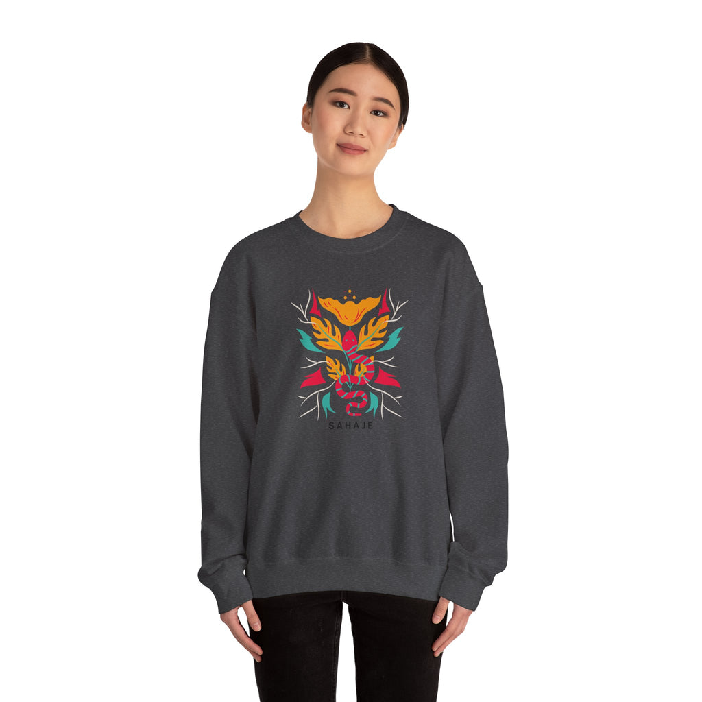 Sahajé Floral Snake Crewneck Sweatshirt — Colorful Botanical Serpent Graphic