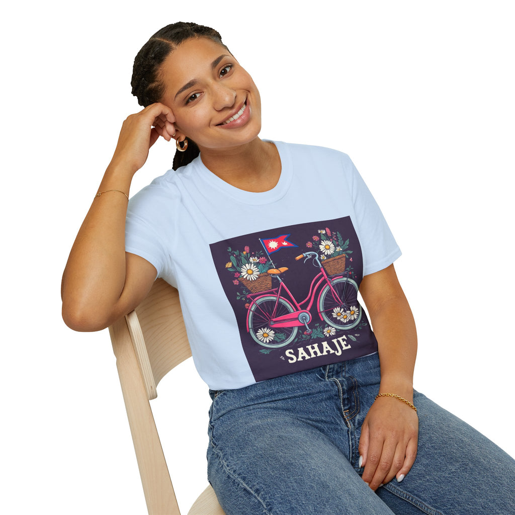 Bicycle Floral T-Shirt – Pink Bike with Baskets & "Sahaje" Text