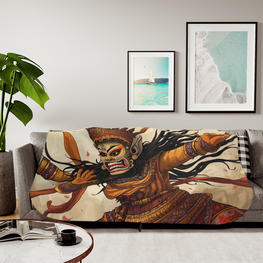 Mythic Dance Sherpa Blanket — Balinese Barong Art Throw