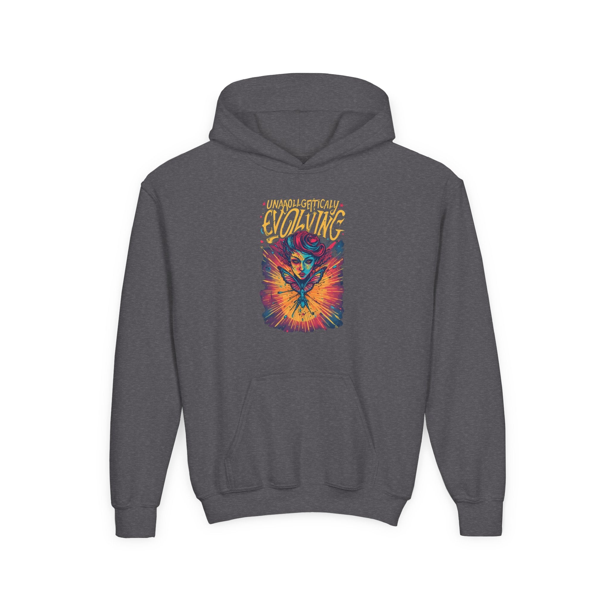 Youth Hoodie — Vibrant 'Evolving' Butterfly Girl Graphic Sweatshirt