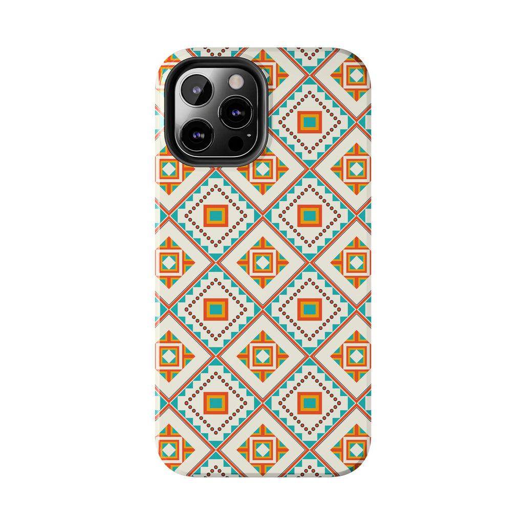 Tough Phone Case — Geometric Retro Tile Pattern, Orange & Teal Protective Cover
