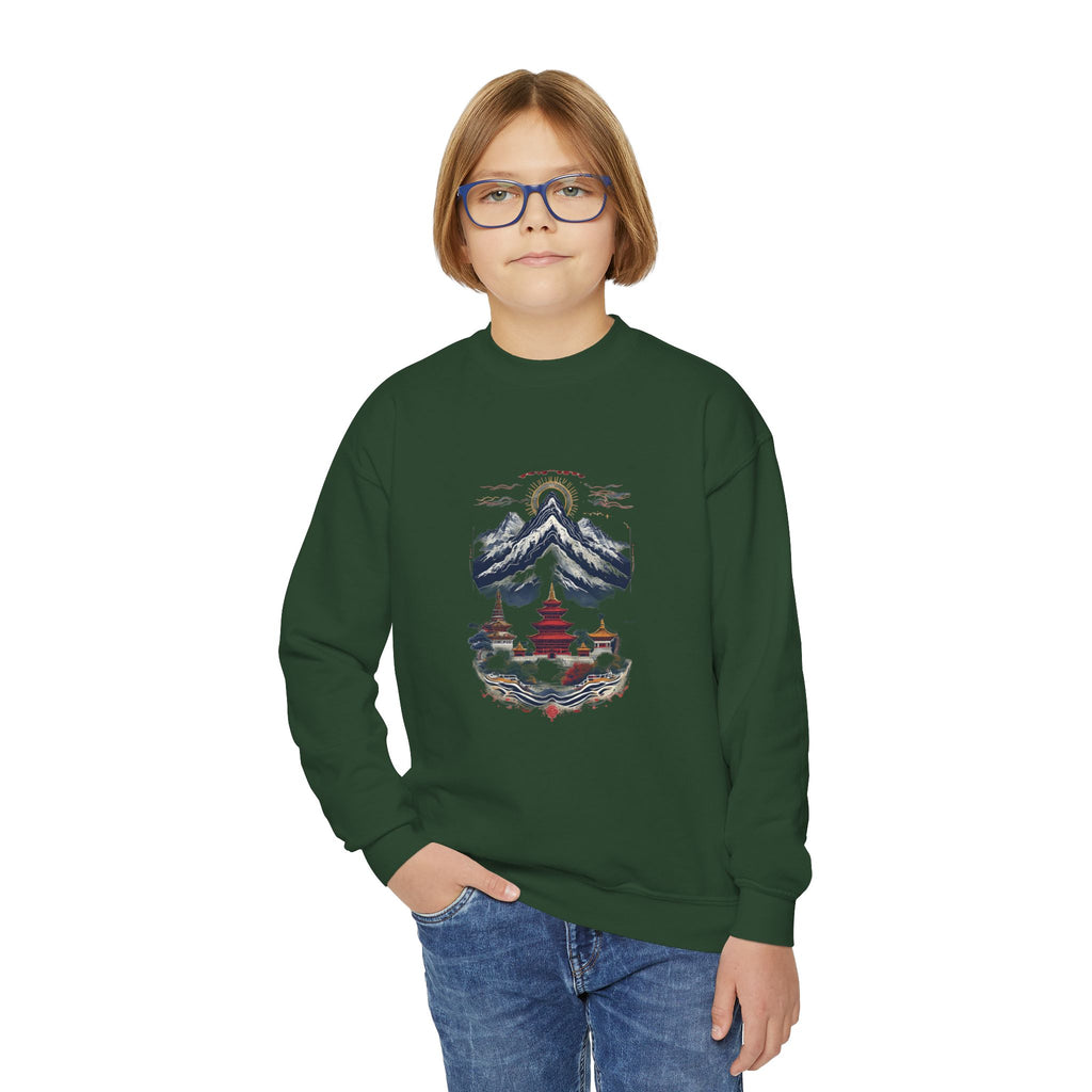 Youth Mountain Holiday Crewneck Sweatshirt — Cozy Winter Tree Graphic