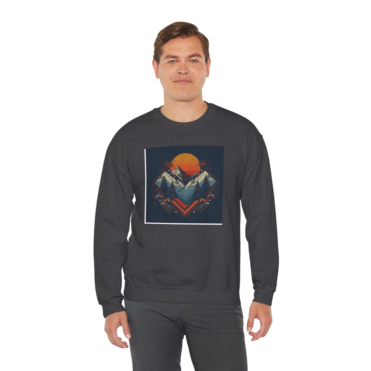 Mountain Sunset Crewneck Sweatshirt — Retro Geometric Peaks Graphic