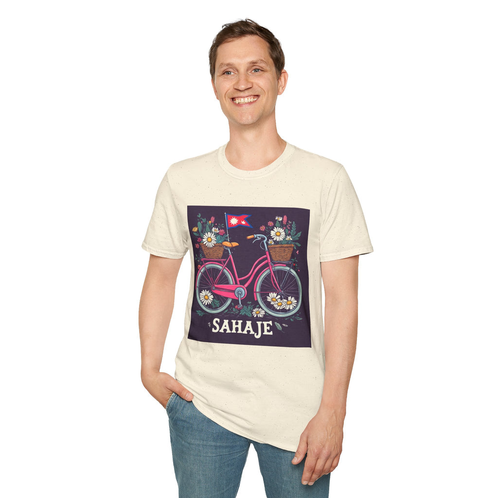 Bicycle Floral T-Shirt – Pink Bike with Baskets & "Sahaje" Text