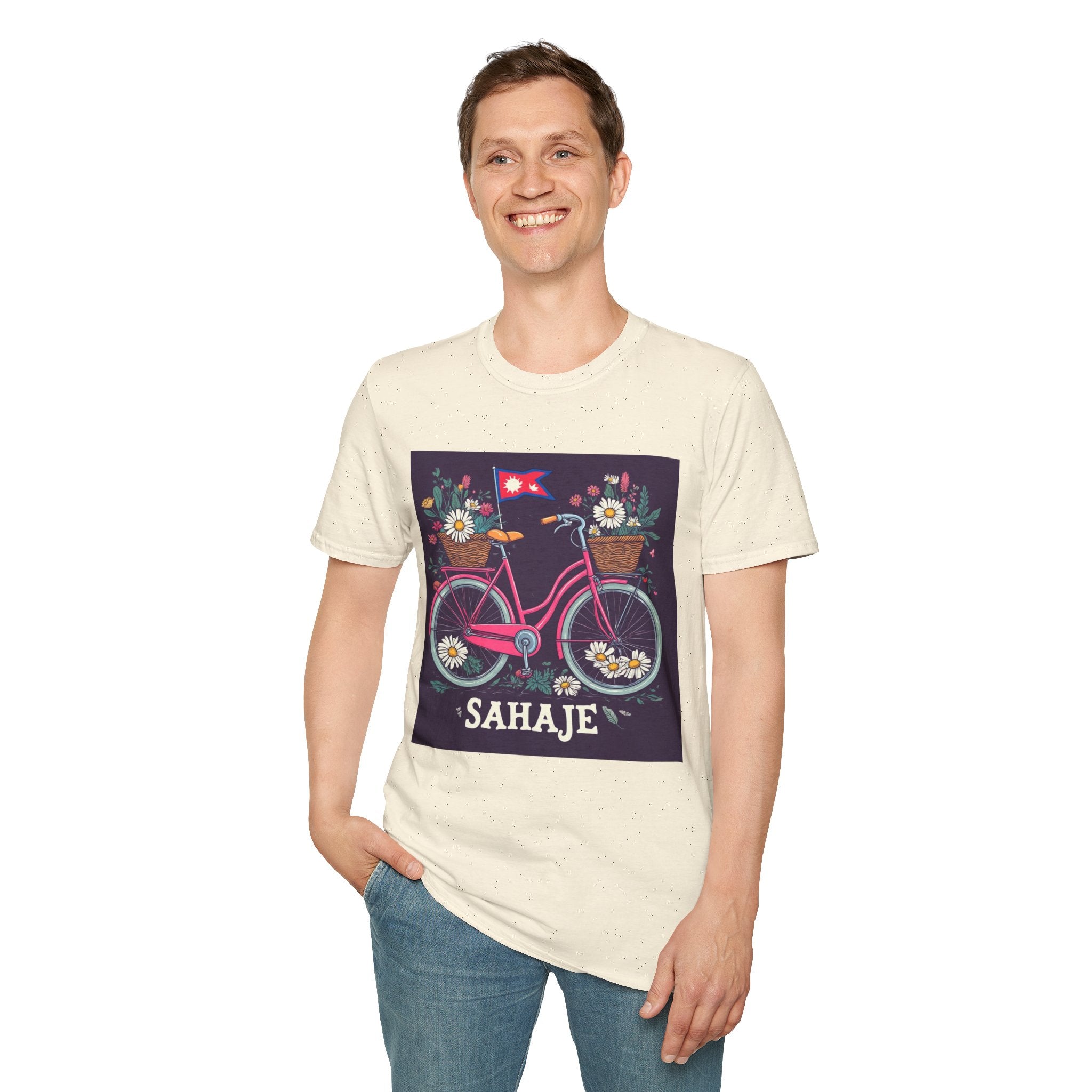Bicycle Floral T-Shirt – Pink Bike with Baskets & "Sahaje" Text