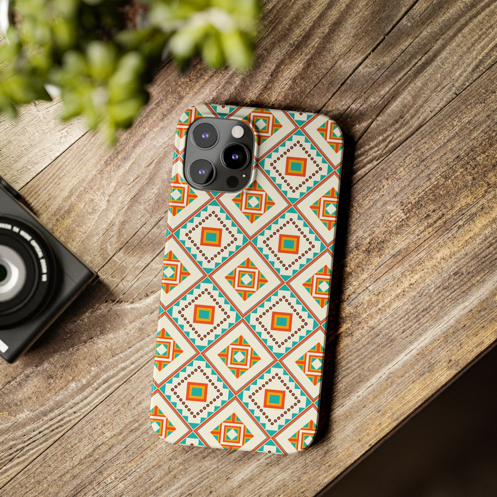 Slim Phone Case — Retro Geometric Tile Pattern (Turquoise & Orange)