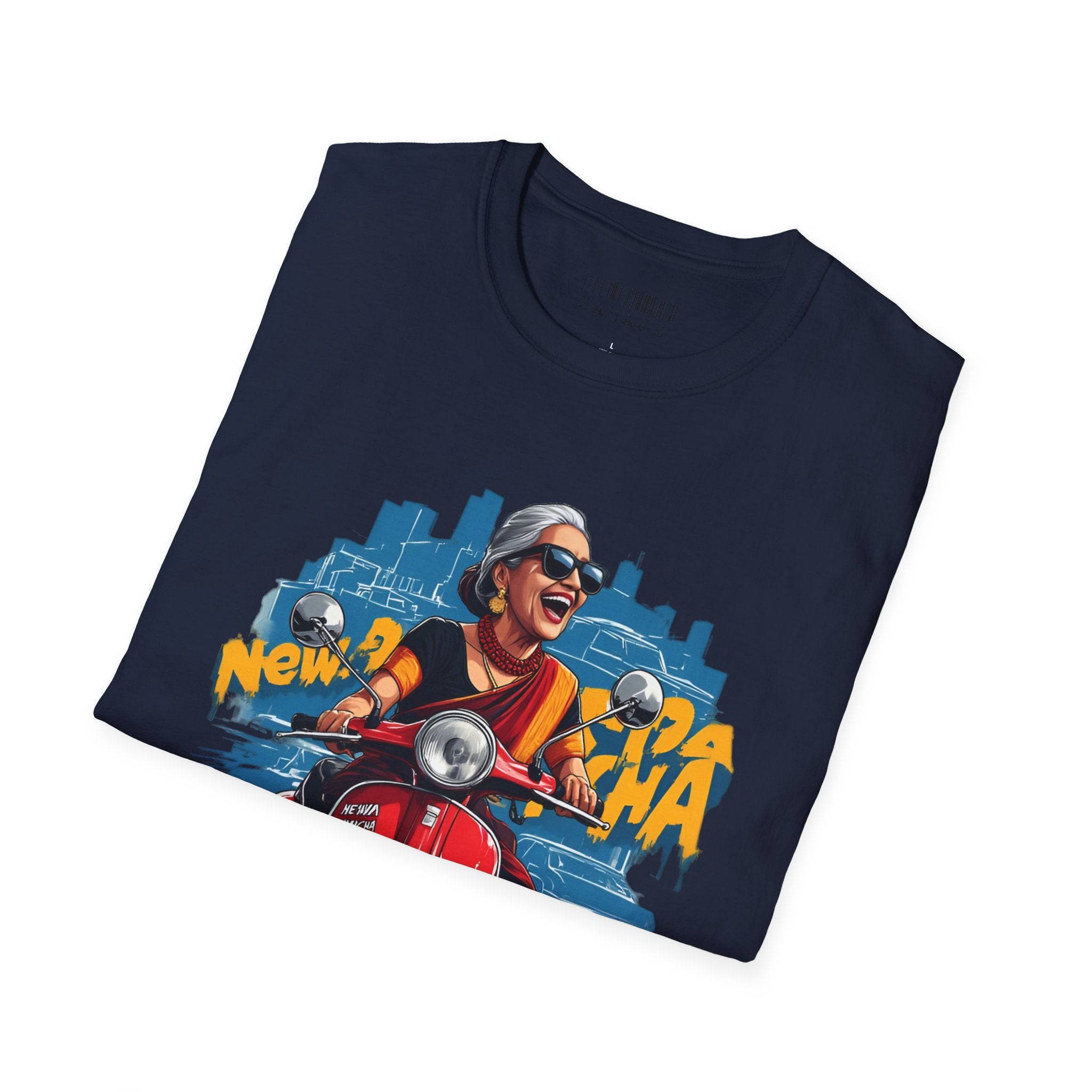Newa Maicha Riding Scooter T-Shirt – Newari Woman in New York Graphic Tee, Cultural & Urban Design