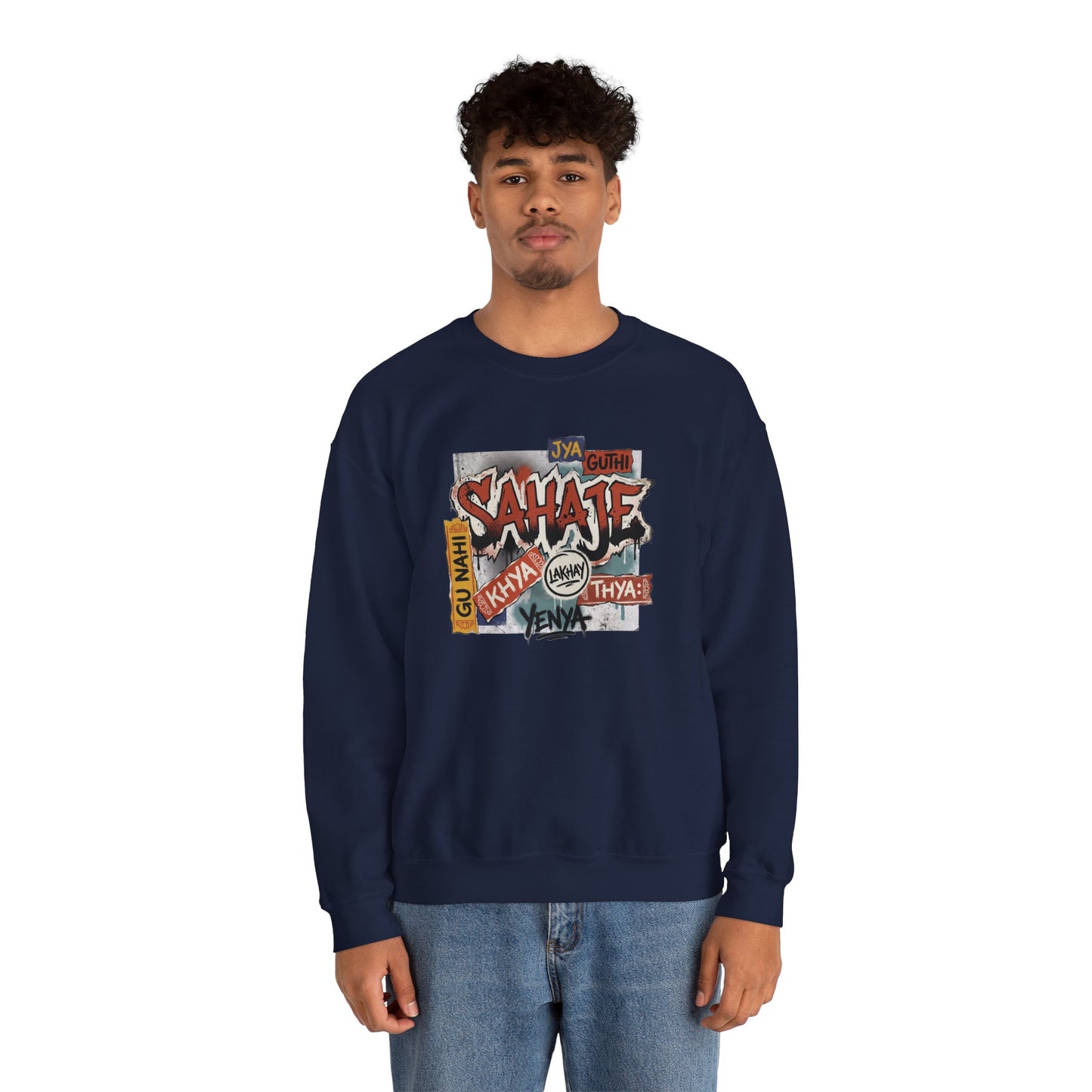 Crewneck Sweatshirt — 'Sahaje' Vintage Sticker Collage Graphic