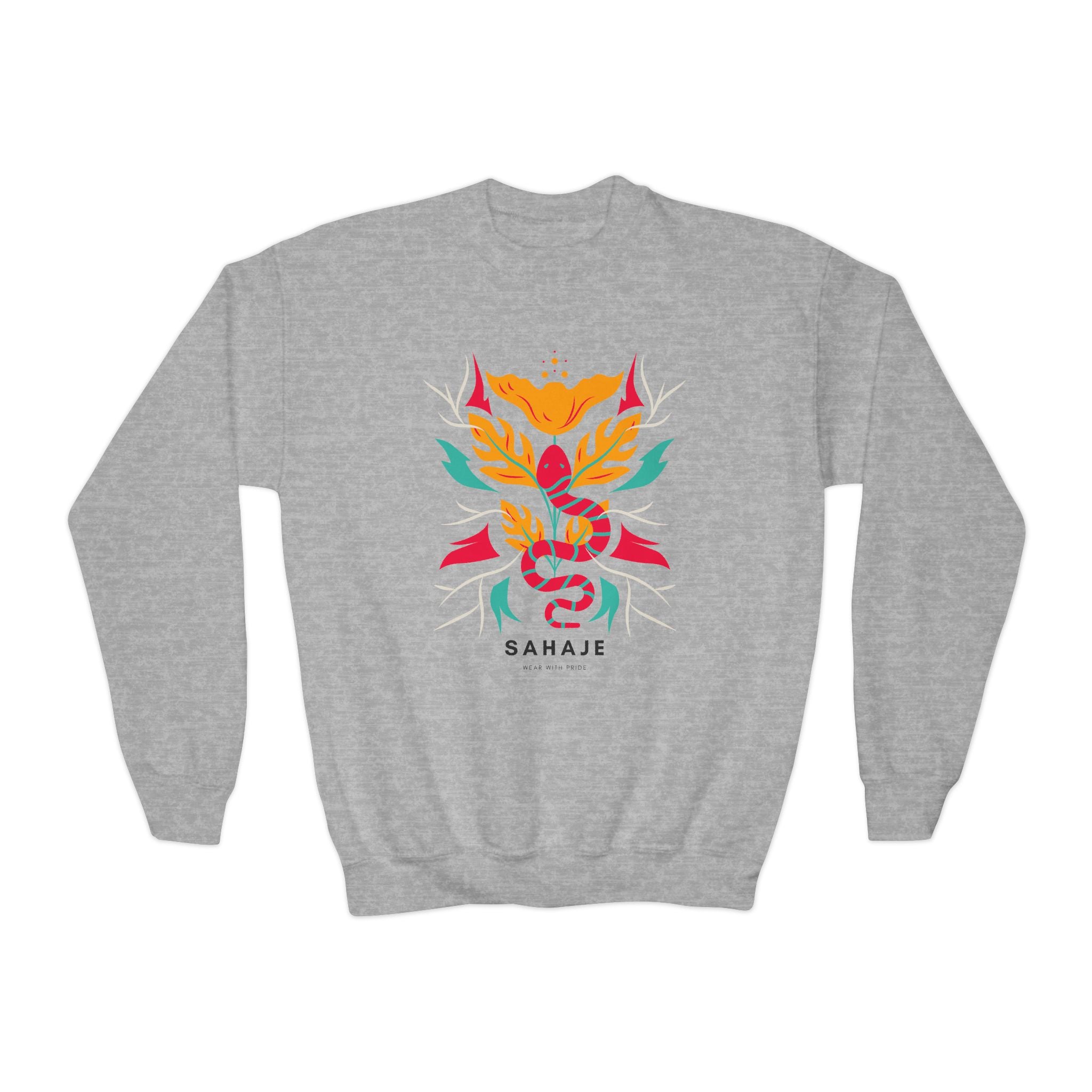 Youth Crewneck Sweatshirt — Vibrant Floral Snake Graphic “SAHAJE”