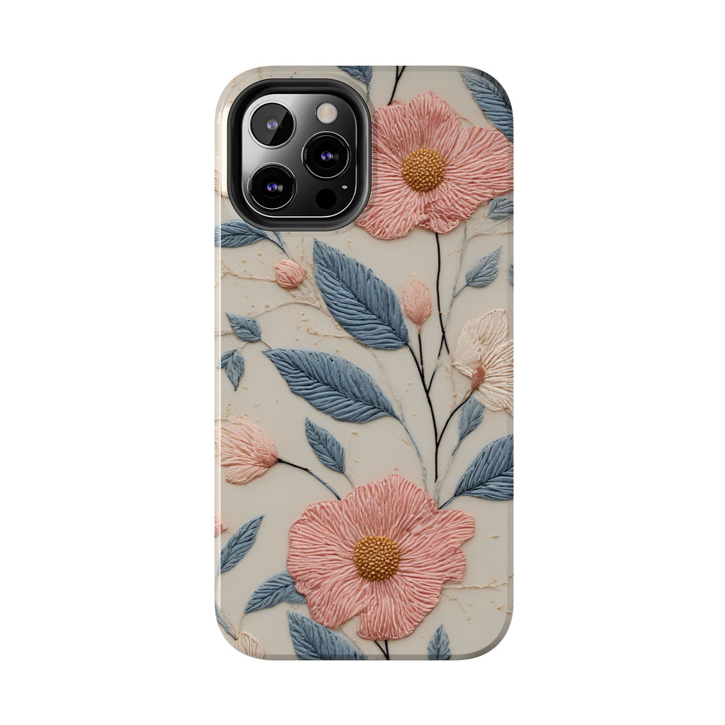 Floral Embroidered Tough Phone Case — Pink Blossom Protective Phone Cover