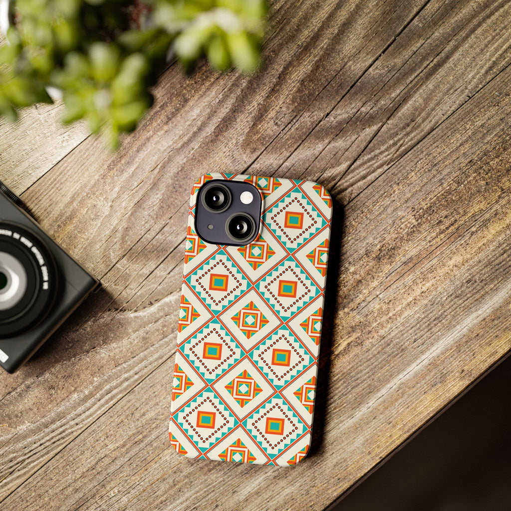 Slim Phone Case — Retro Geometric Tile Pattern (Turquoise & Orange)
