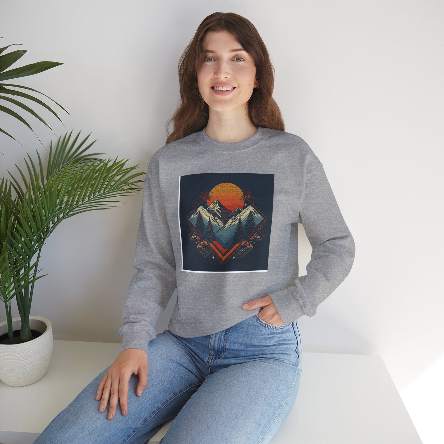 Mountain Sunset Crewneck Sweatshirt — Retro Geometric Peaks Graphic