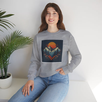 Mountain Sunset Crewneck Sweatshirt — Retro Geometric Peaks Graphic
