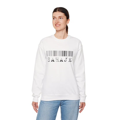 Sahaje Barcode Crewneck Sweatshirt — Minimalist White Graphic Pullover