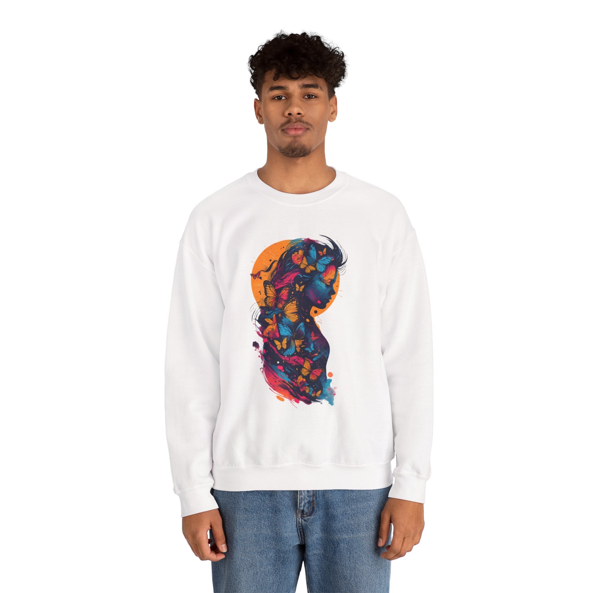 Butterfly Silhouette Crewneck Sweatshirt — Colorful Butterfly Profile Graphic