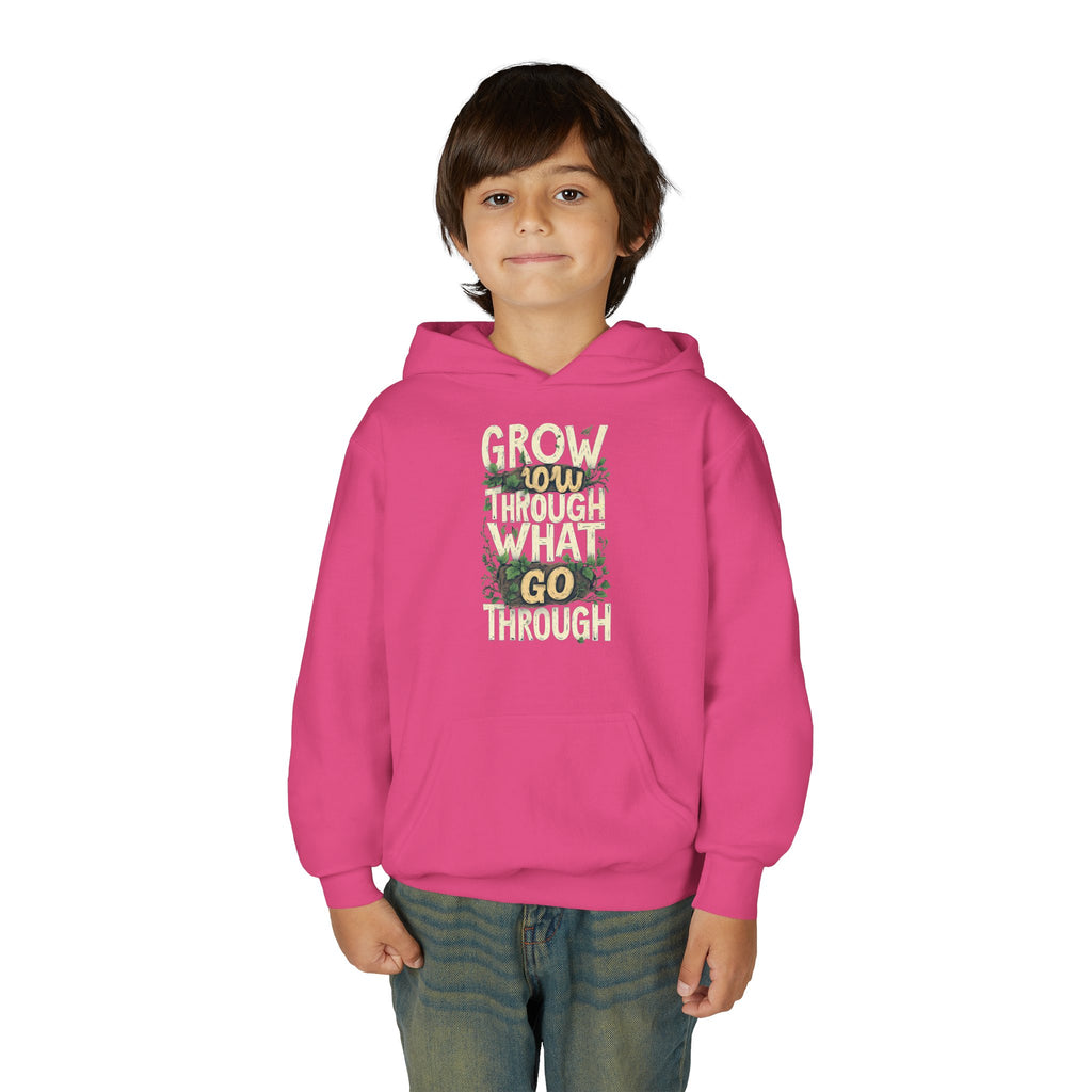 Youth Hoodie — 'Grow Slow, Go Through' Floral Motivational Hooded Sweatshirt