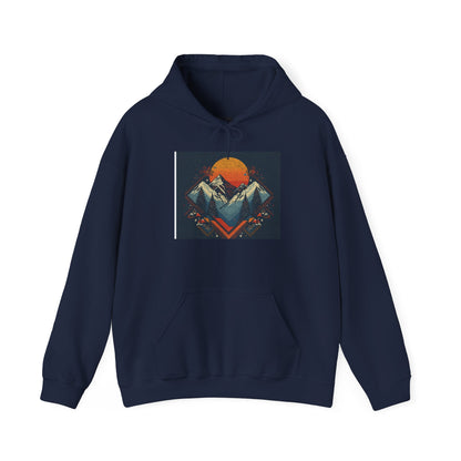 Mountain Sunset Hoodie – Retro Geometric Peaks & Rising Sun Sweatshirt