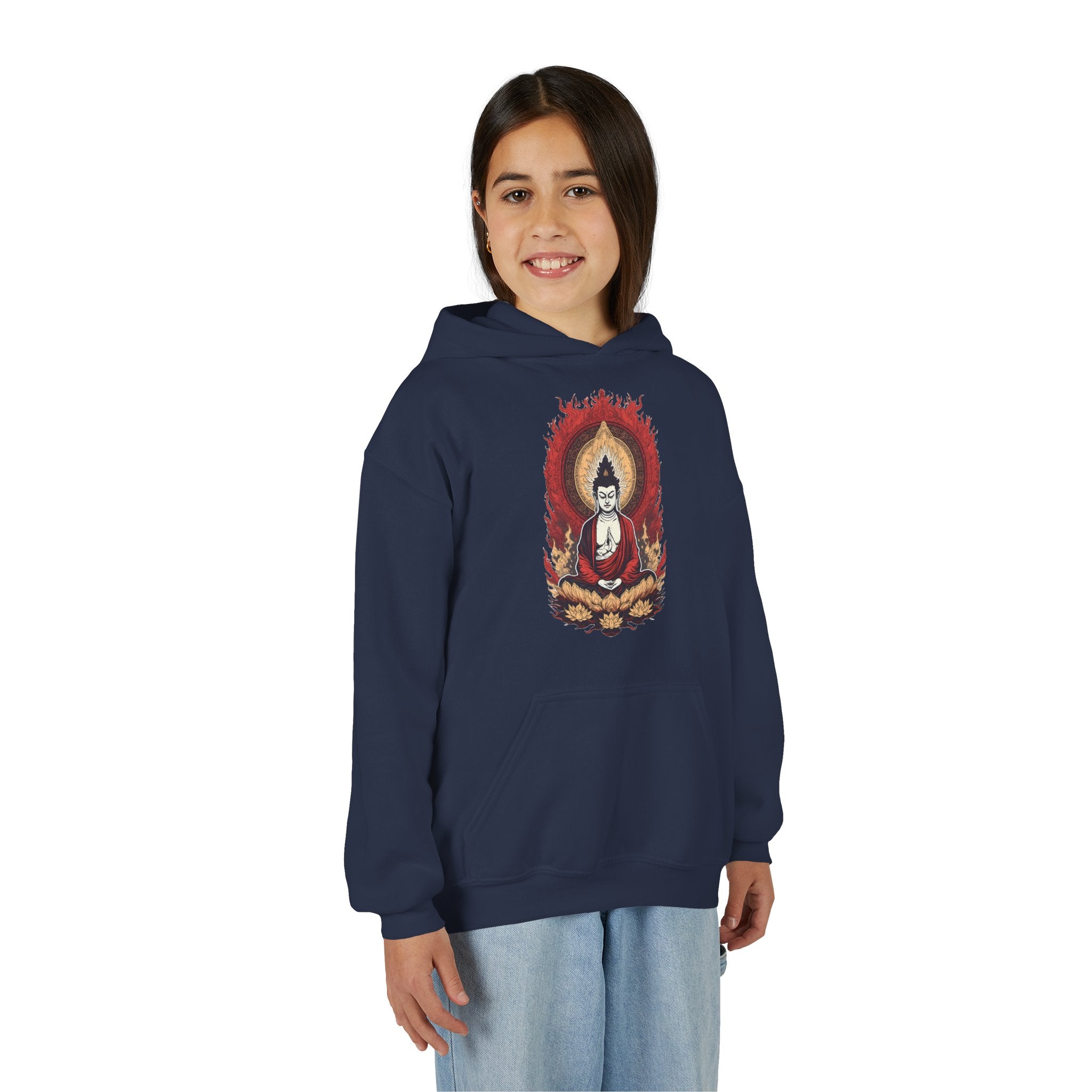 Buddha Flame Youth Hoodie — Meditative Lotus Buddha Graphic Sweatshirt