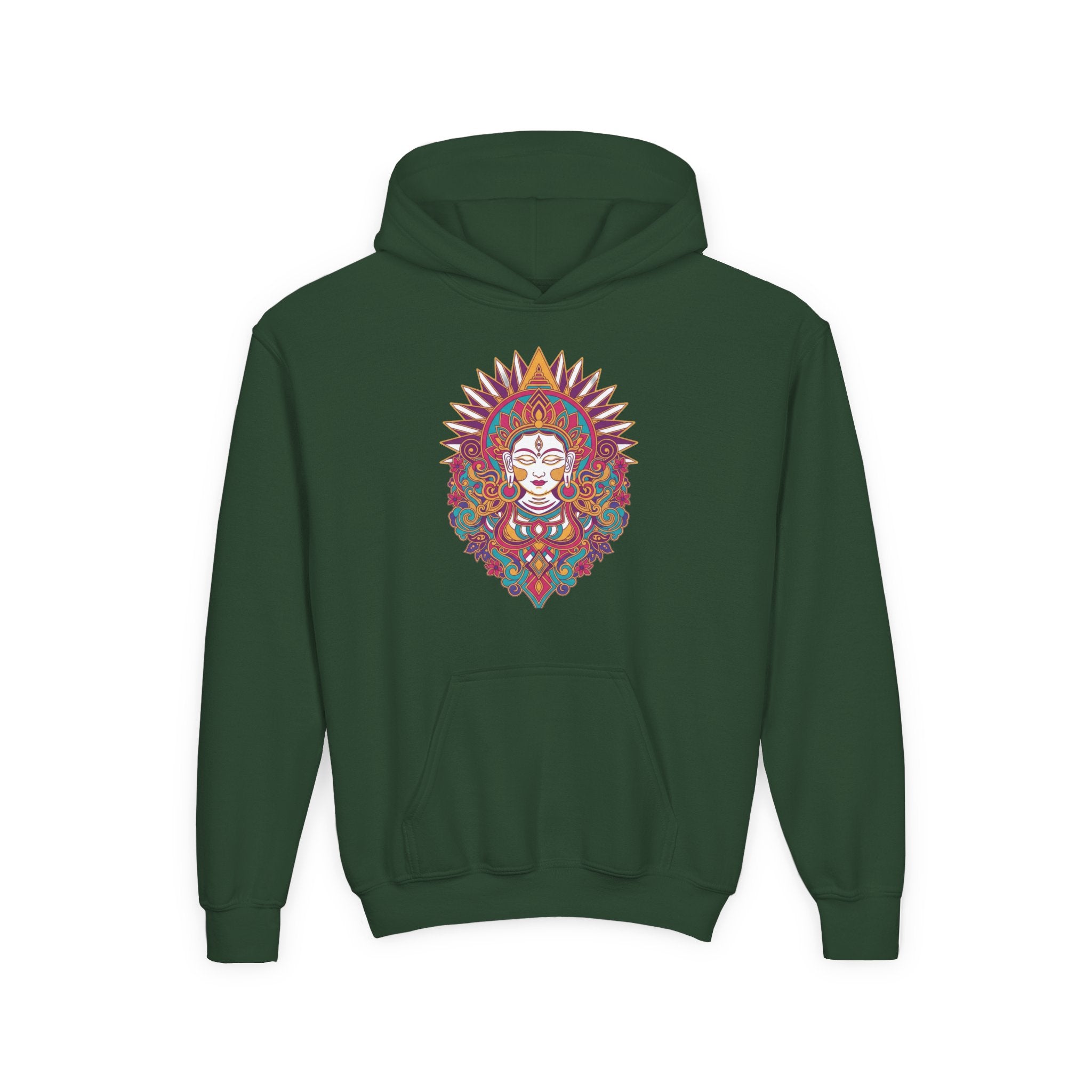 Youth Hoodie with Colorful Sugar Skull Goddess Design — Day of the Dead Kids Pullover