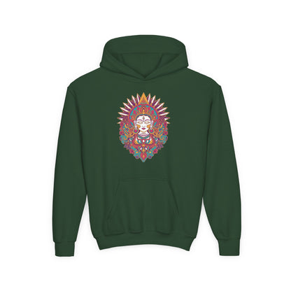 Youth Hoodie with Colorful Sugar Skull Goddess Design — Day of the Dead Kids Pullover