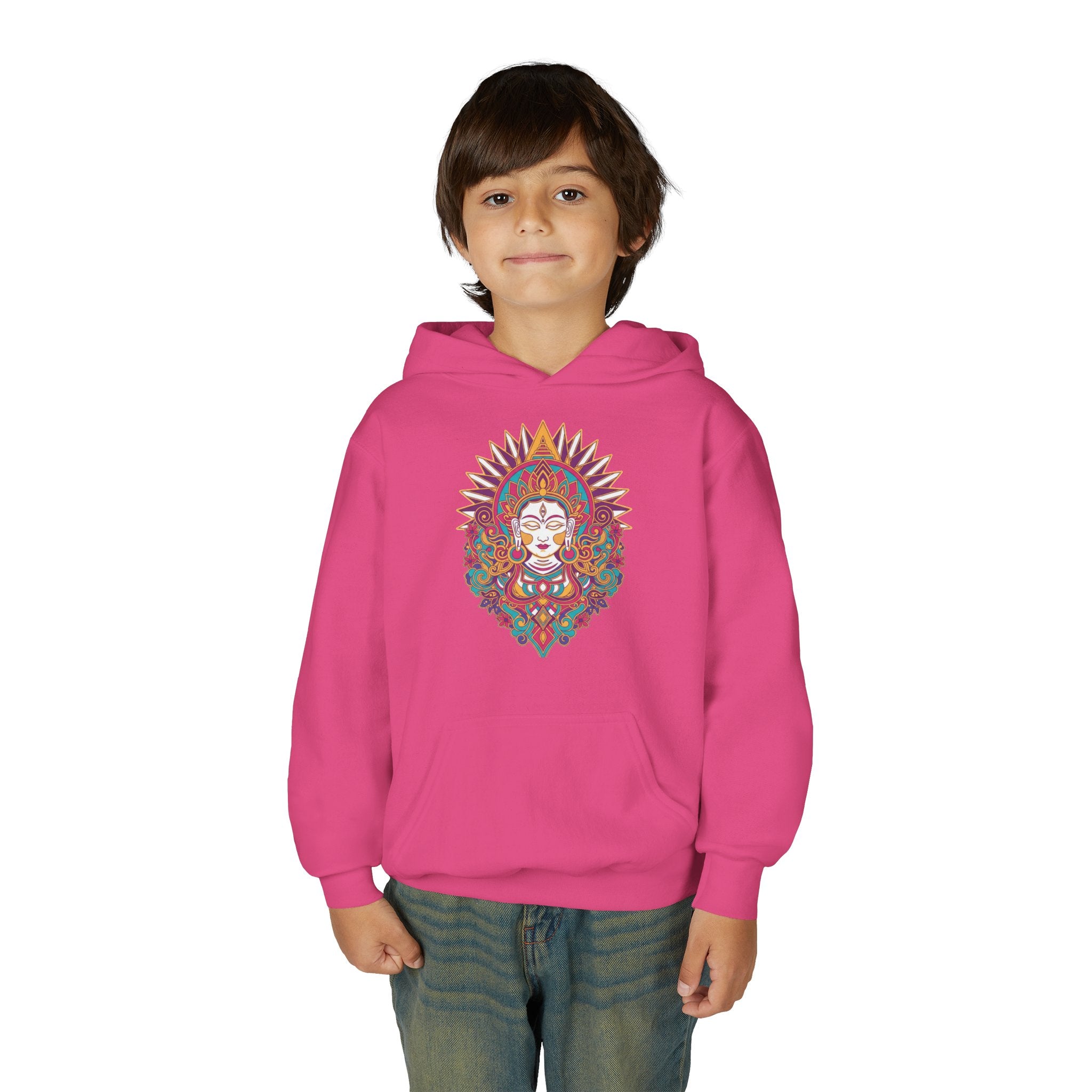 Youth Hoodie with Colorful Sugar Skull Goddess Design — Day of the Dead Kids Pullover