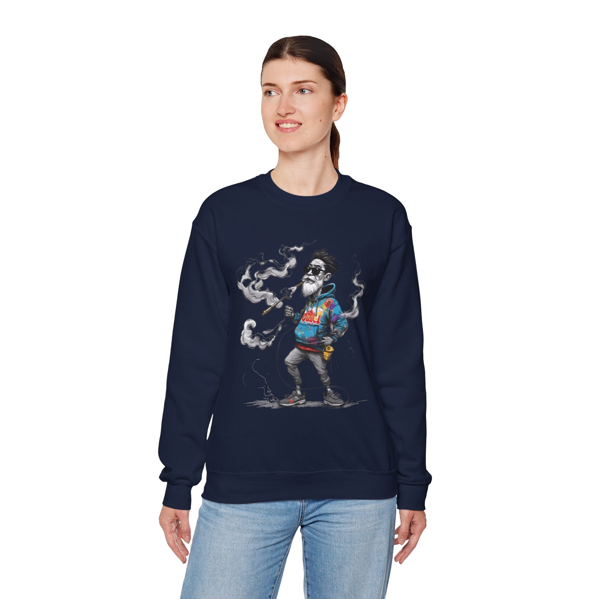 Crewneck Sweatshirt - Retro Cool Grandpa Smoking Pipe Illustration