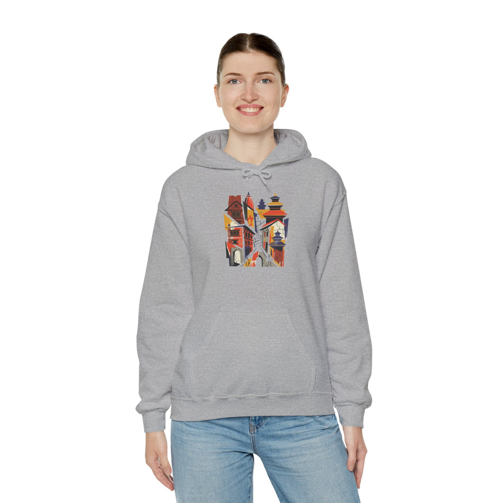 Cityscape Collage Hoodie — Colorful Urban Architecture Graphic Hoodie