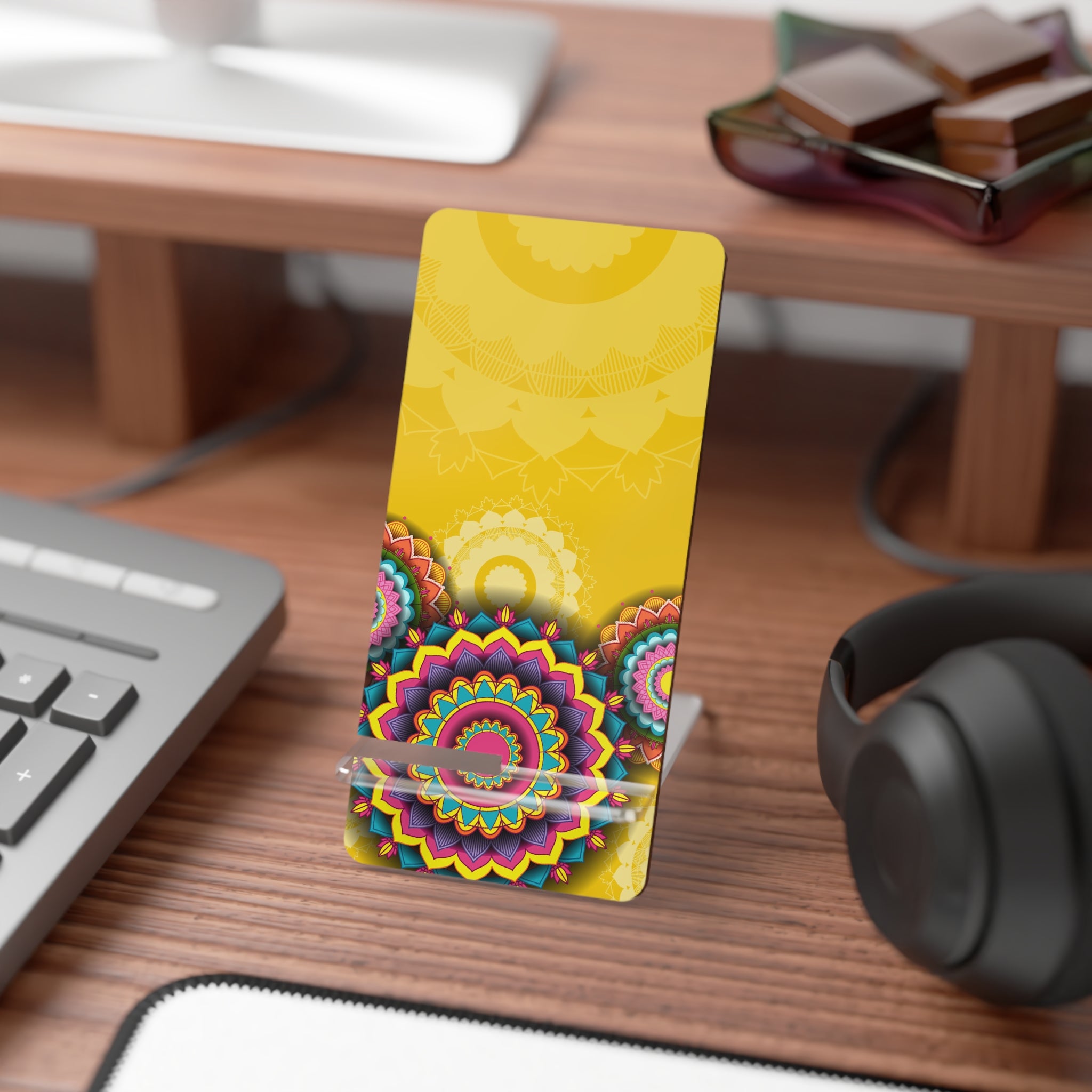 Colorful Mobile Display Stand for Smartphones - Mandala Design, Desk Organizer, Phone Holder, Gift for Tech Lovers, Home Office Decor