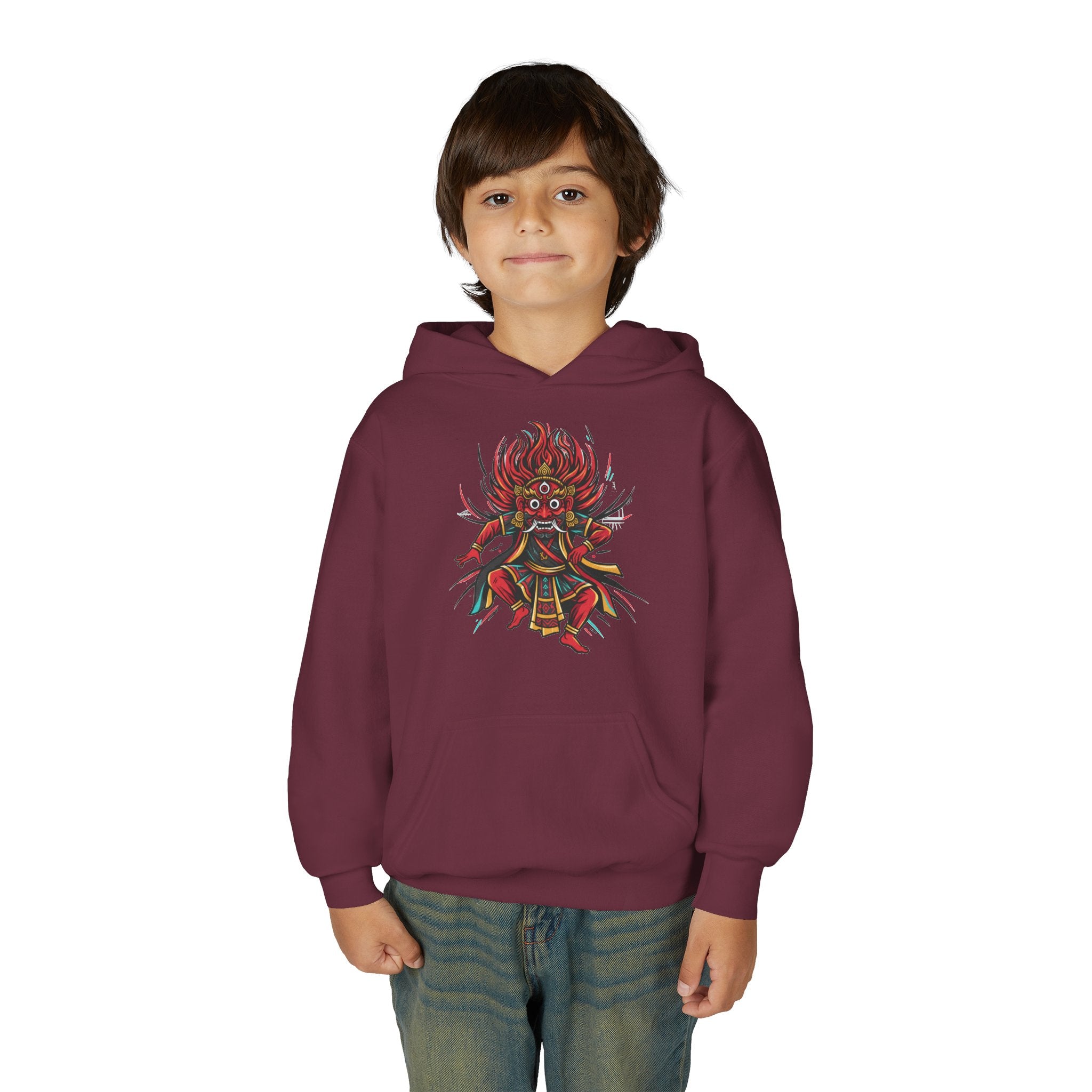 Youth Hoodie — Colorful Mythical Demon Mask Graphic