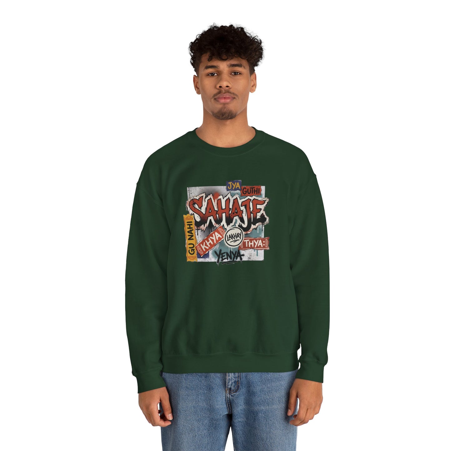 Crewneck Sweatshirt — 'Sahaje' Vintage Sticker Collage Graphic