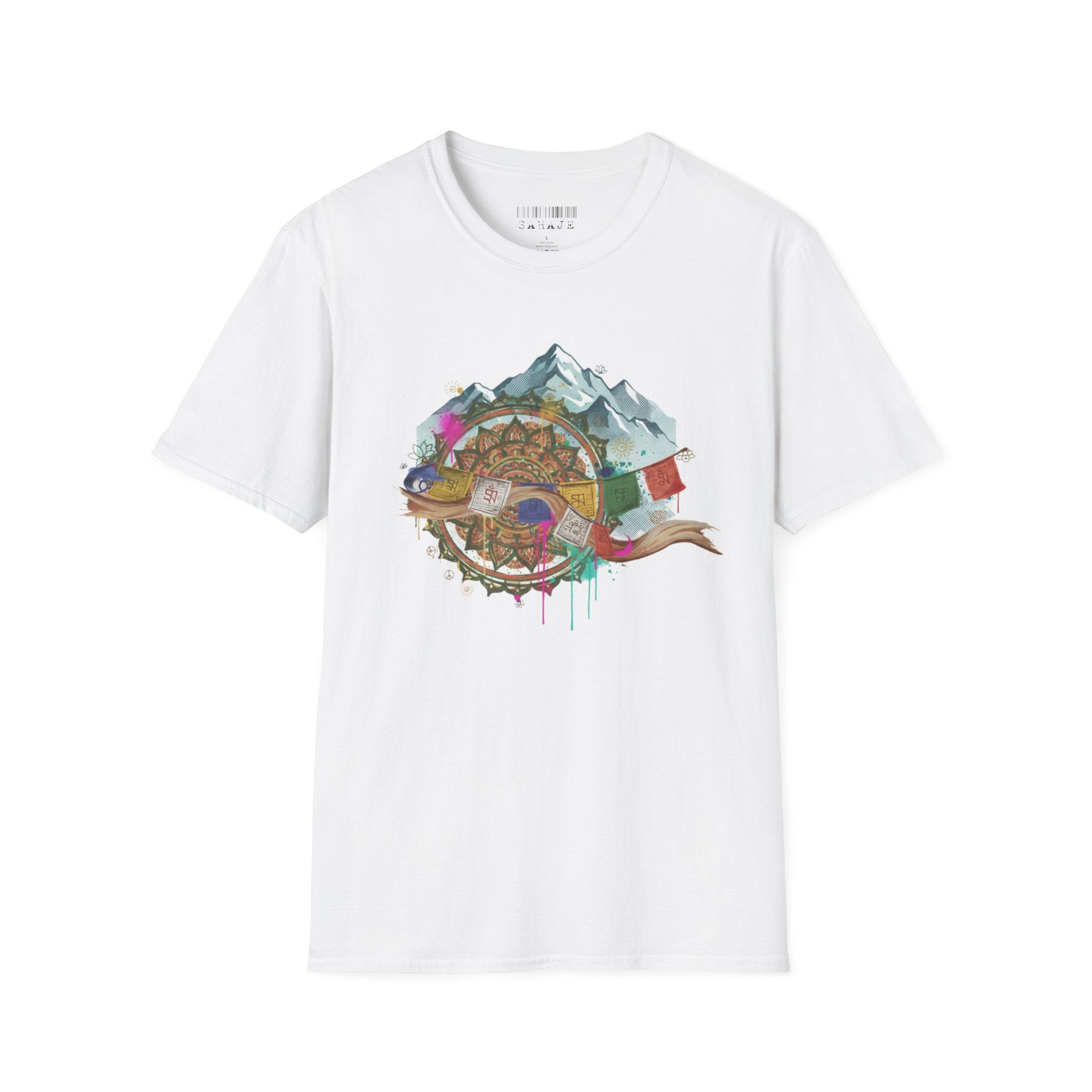 Adventure Compass T-Shirt — Mountain Compass with Prayer Flags & Colorful Globe
