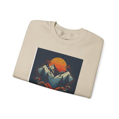 Mountain Sunset Crewneck Sweatshirt — Retro Geometric Peaks Graphic