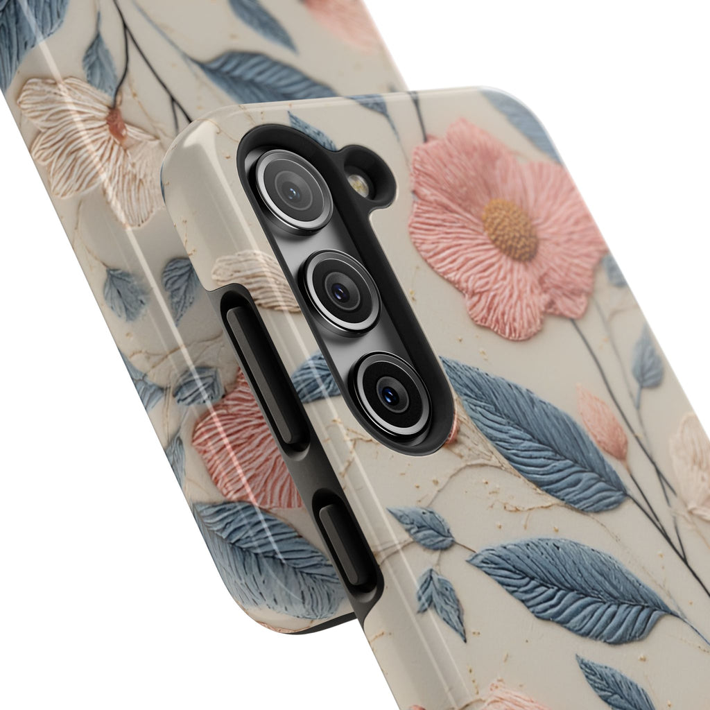 Floral Embroidered Tough Phone Case — Pink Blossom Protective Phone Cover