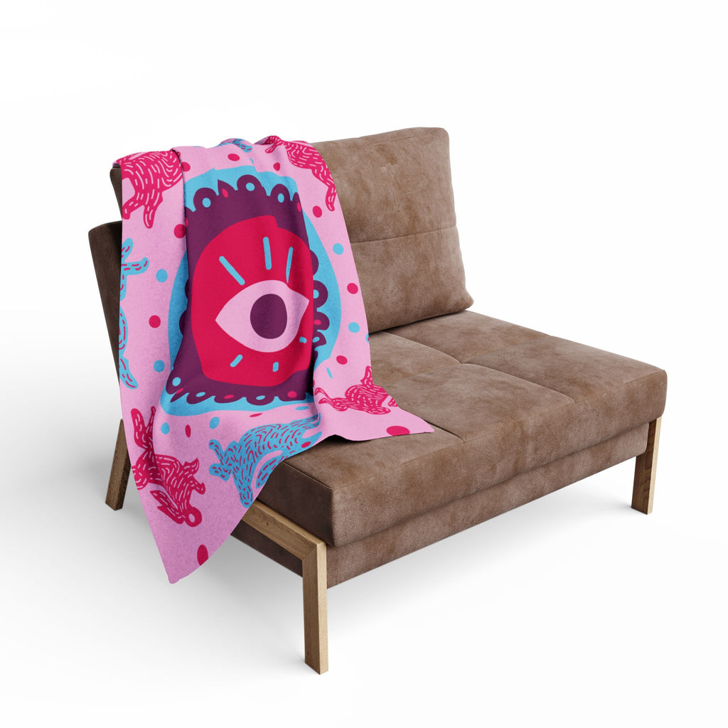 Pink Arctic Fleece Blanket — Mystical Eye & Polar Bear Pattern Cozy Throw