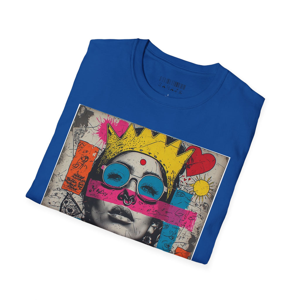 Abstract Pop Art Portrait T-Shirt — Neon Crown & Sunglasses Graphic