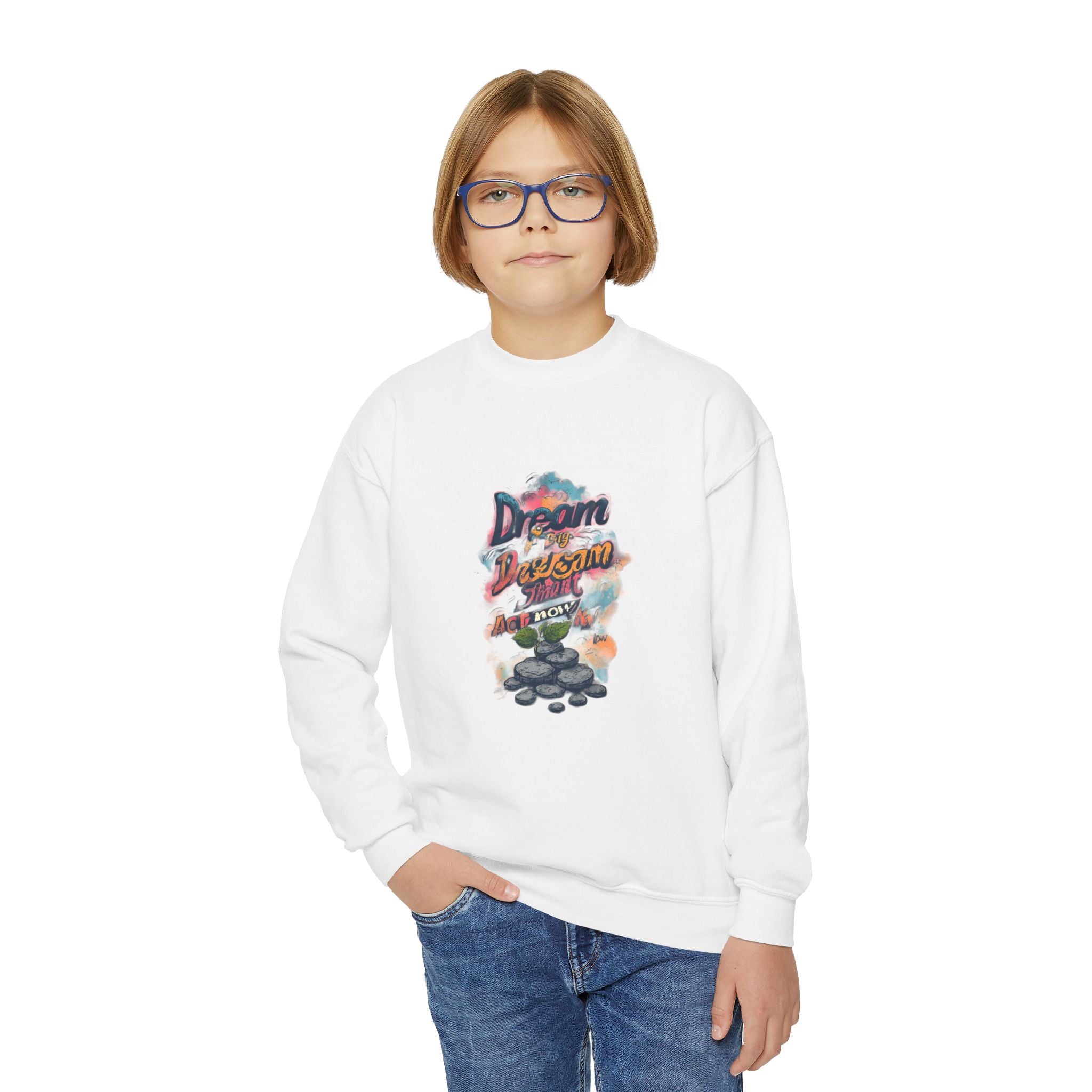 Youth Crewneck Sweatshirt — 'Dream Big, Stay Awesome' Colorful Graphic