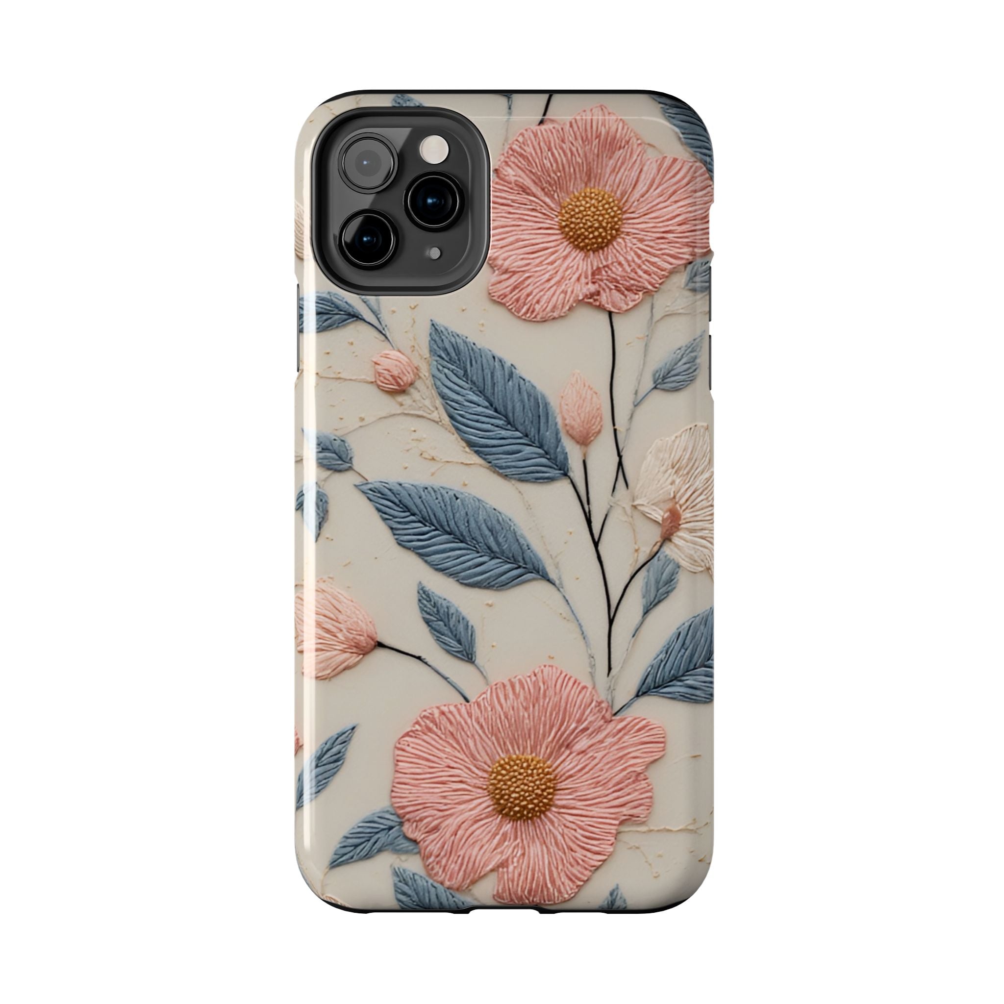 Floral Embroidered Tough Phone Case — Pink Blossom Protective Phone Cover