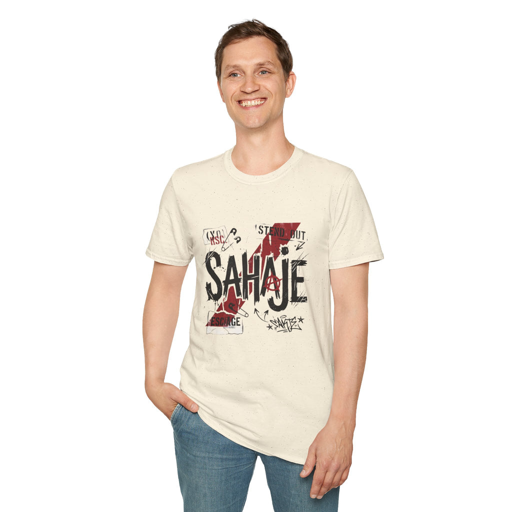 Sahajé Graphic T-Shirt — Bold Streetwear Tee with Red Slash Design
