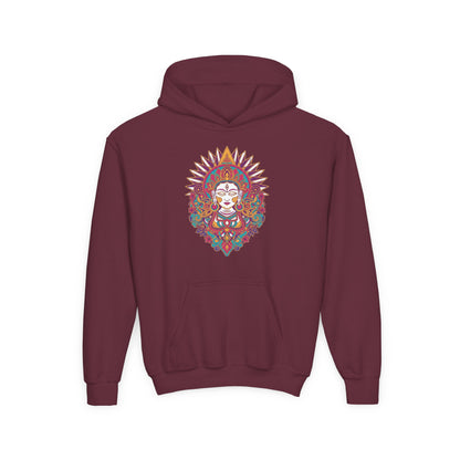 Youth Hoodie with Colorful Sugar Skull Goddess Design — Day of the Dead Kids Pullover