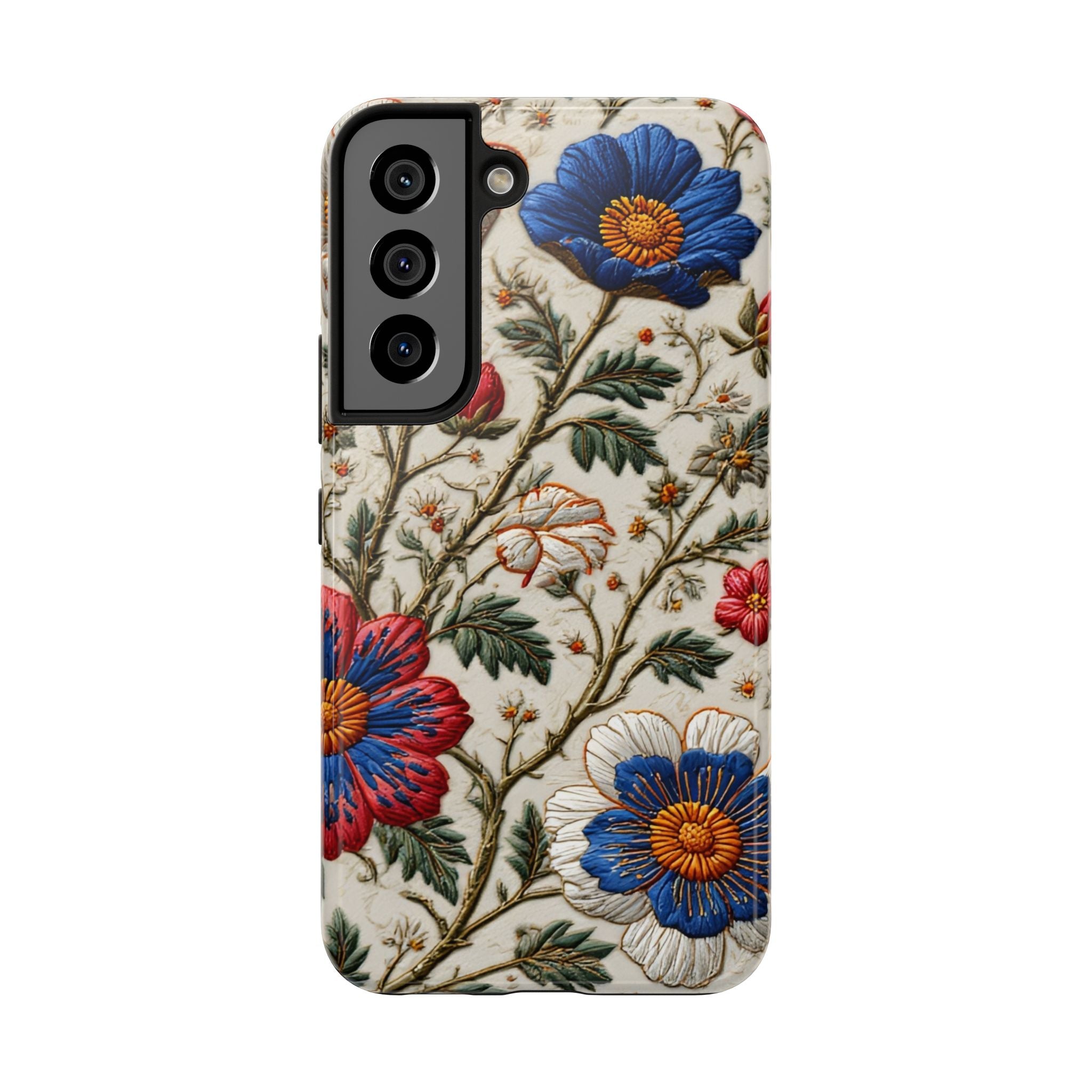 Floral Embroidery Tough Phone Case — Vintage Blue & Red Garden Design