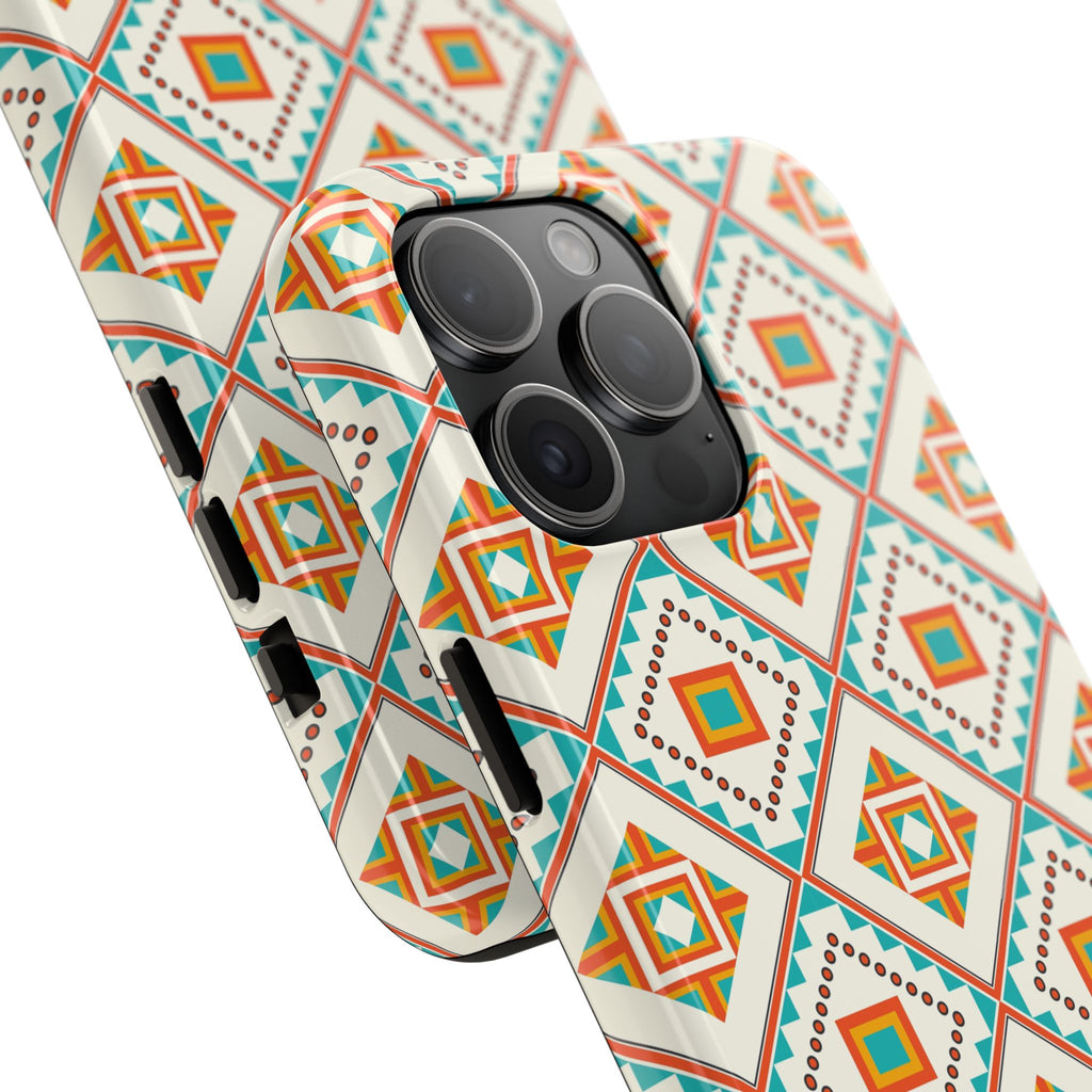 Tough Phone Case — Geometric Retro Tile Pattern, Orange & Teal Protective Cover