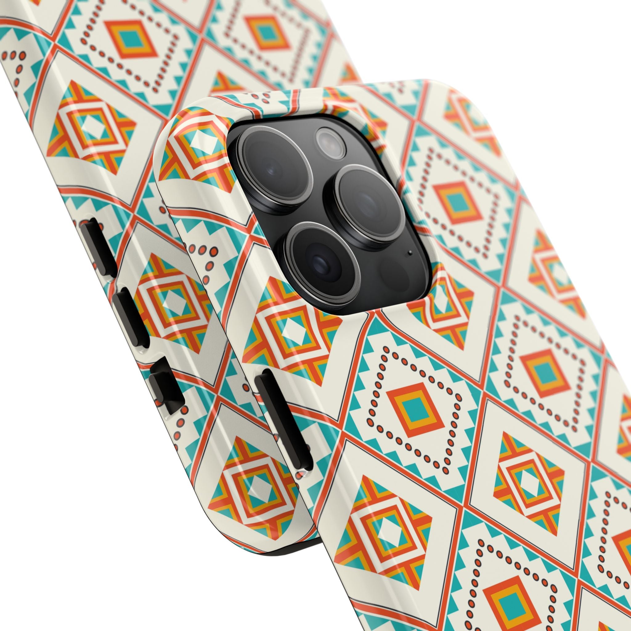 Tough Phone Case — Geometric Retro Tile Pattern, Orange & Teal Protective Cover