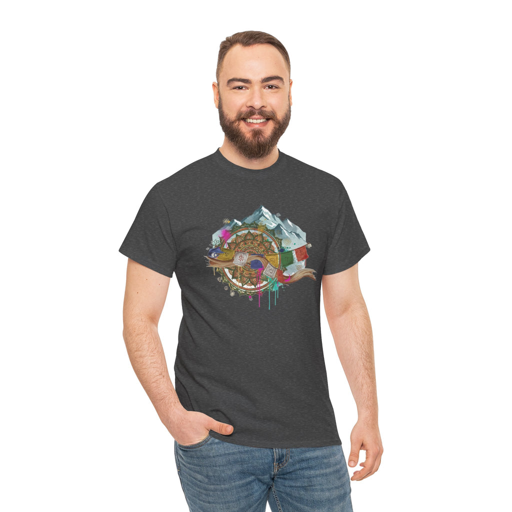 Adventure Compass Graphic Tee — Mountain, Globe & Flag Illustration