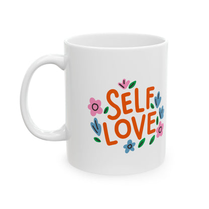 Self Love Floral Ceramic Mug | Inspire Kindness, Gift for Friends, Motivational Coffee Mug, Self-Care Reminder, Perfect for Birthdays