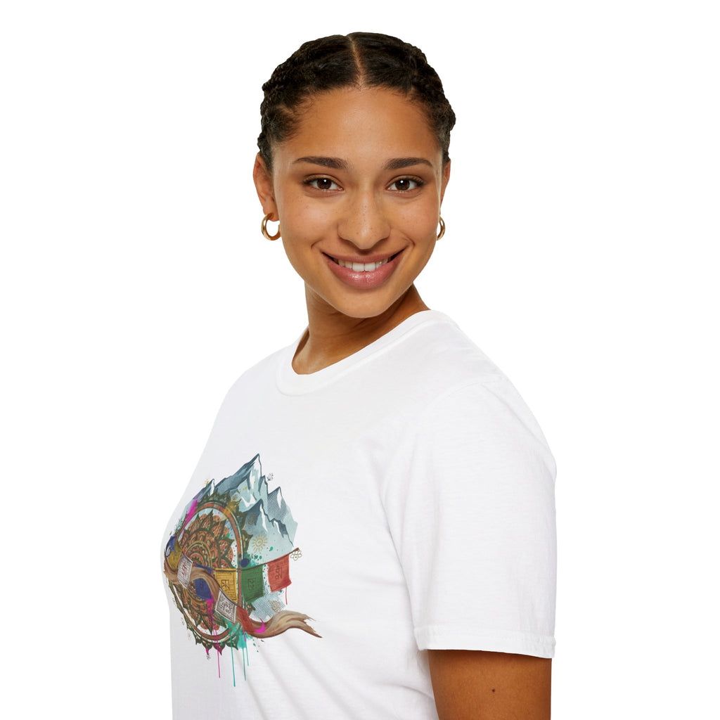 Adventure Compass T-Shirt — Mountain Compass with Prayer Flags & Colorful Globe