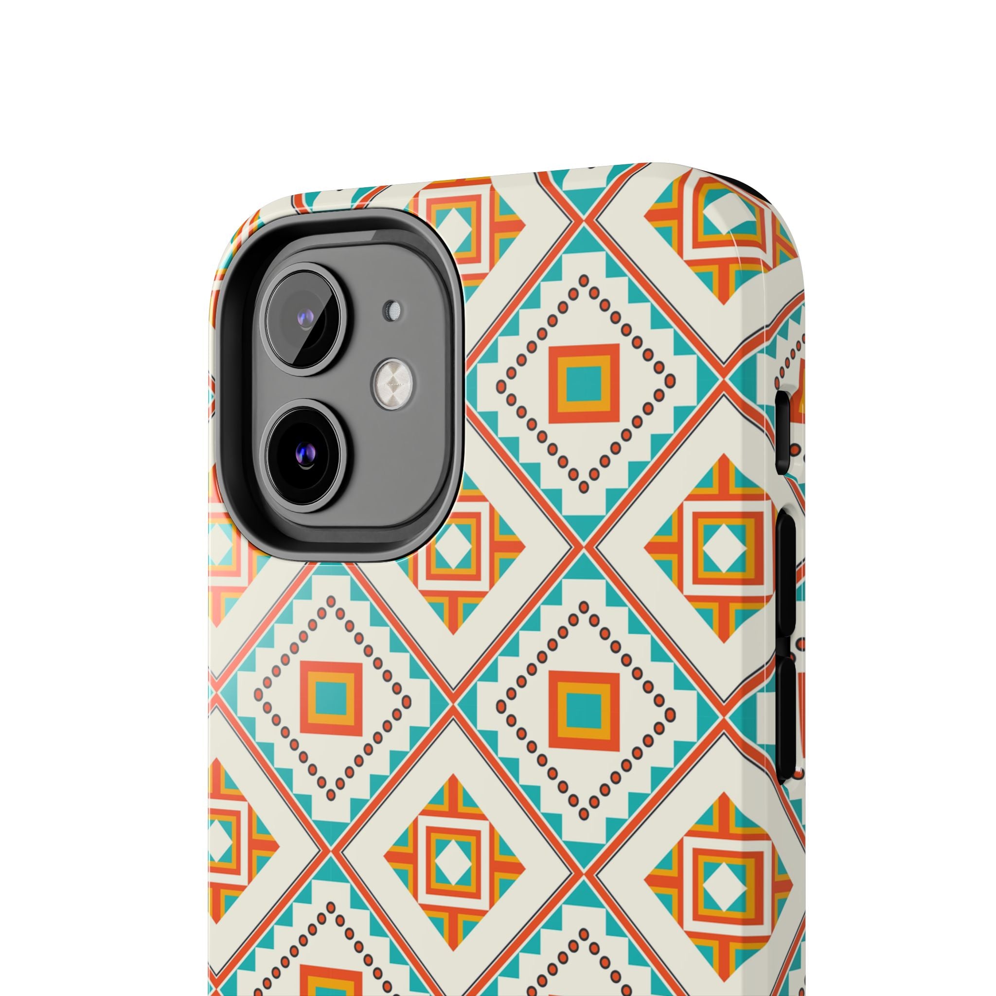 Tough Phone Case — Geometric Retro Tile Pattern, Orange & Teal Protective Cover
