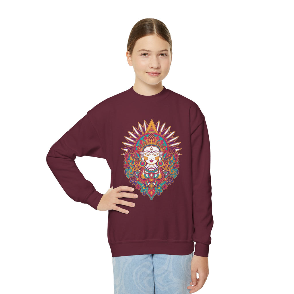Youth Crewneck Sweatshirt — Colorful Boho Sun Goddess Graphic