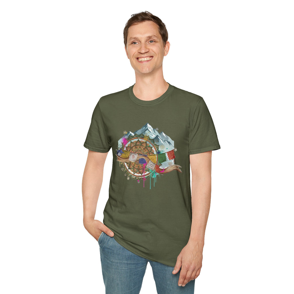 Adventure Compass T-Shirt — Mountain Compass with Prayer Flags & Colorful Globe
